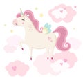 Cute magical unicorn in pink clouds. Little princess theme. Vector hand drawn illustration.